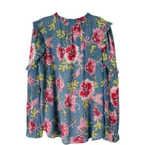 LOFT Blue Floral Blouse with Pink and Yellow Accents